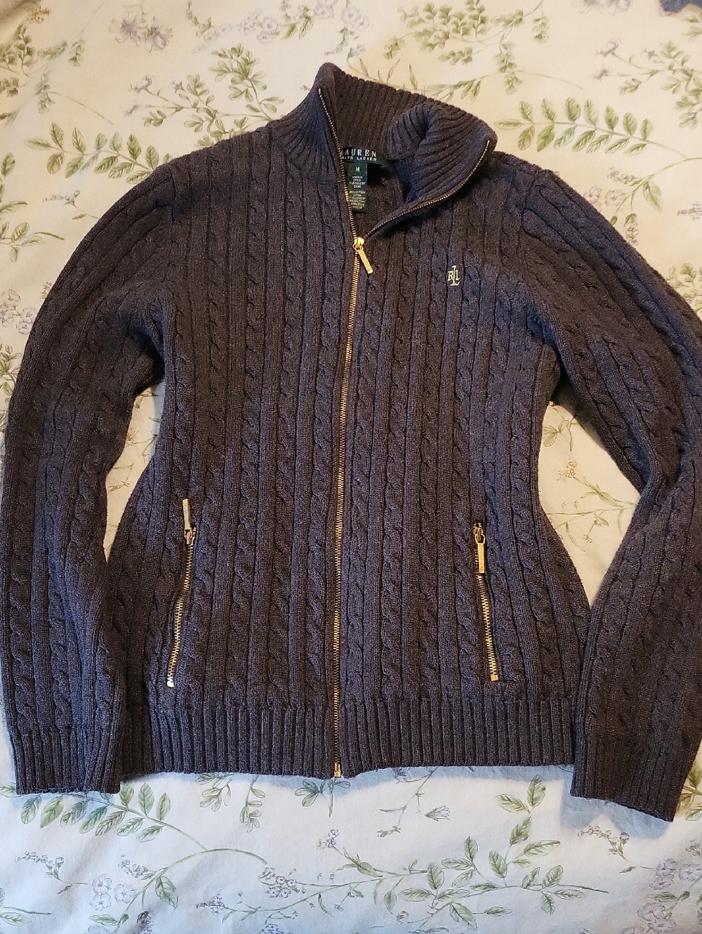 Ralph Lauren Navy Cable-Knit Zip Cardigan with Gold Zippers